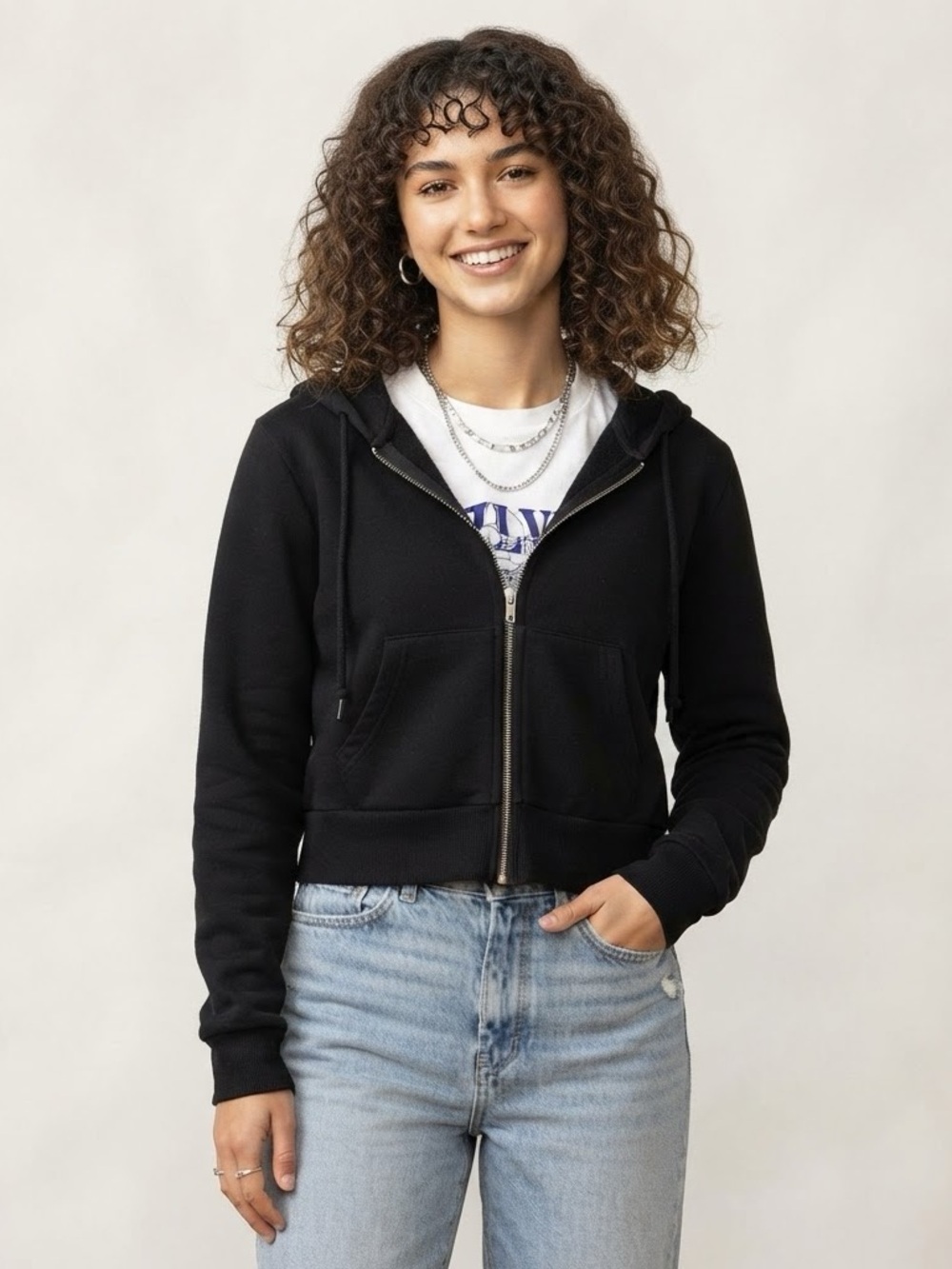Brandy Melville Sz S Black Cropped Relaxed Hooded Full Zip Sweater